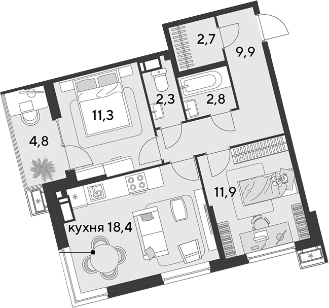 Продается 3-комн. квартира, 59.3 м²