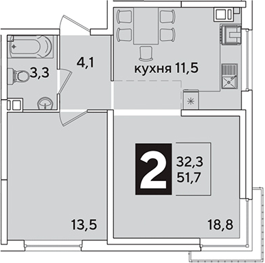 2-комн., 51.7 м², 9/16 этаж, ЖК «Самолет»