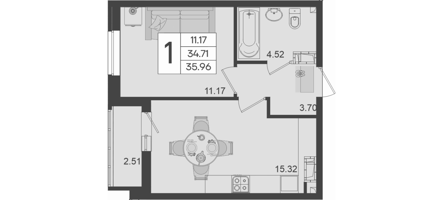 1-комн., 34.71 м², 15/18 этаж, ЖК «Дом 101»