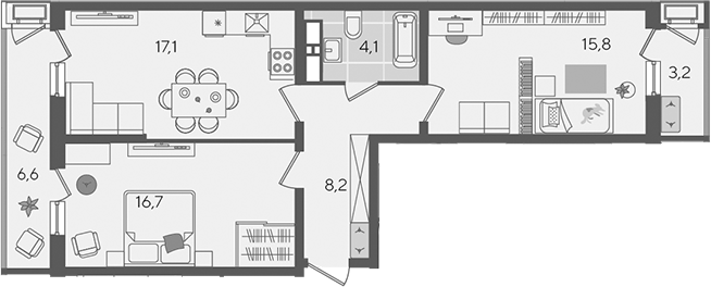 3-комн., 61.9 м², 22/24 этаж, ЖК «Рекорд»