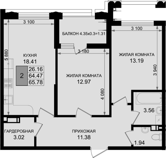 2-комн., 64.47 м², 2/8 этаж, ЖК «Резиденция морей»