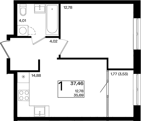 2-комн., 35.69 м², 12/18 этаж, ЖК «Патрики»