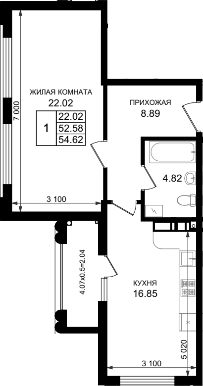 Продается 1-комн. квартира, 52.58 м²