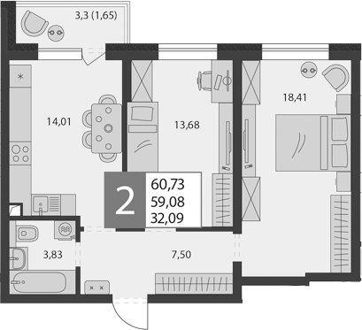 2-комн., 57.43 м², 2/9 этаж, ЖК «К24»