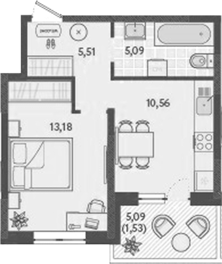 1-комн., 34.34 м², 1/9 этаж, ЖК «Теплые края»