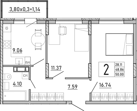 Продается 2-комн. квартира, 48.86 м²