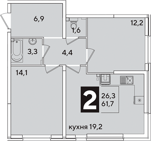3-комн., 61.7 м², 2/16 этаж, ЖК «Самолет»