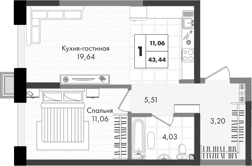 2-комн., 43.44 м², 8/9 этаж, ЖК «Зеленая территория»