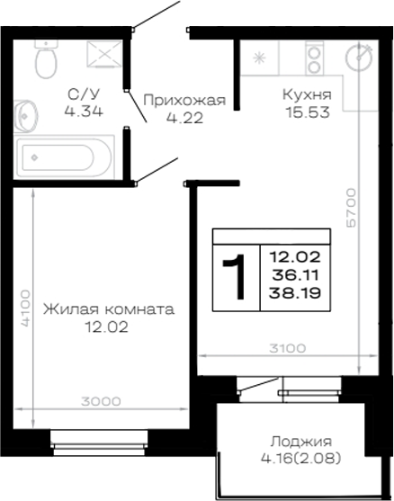 1-комн., 36.11 м², 3/4 этаж, ЖК «Усадьба Гостагаевская»