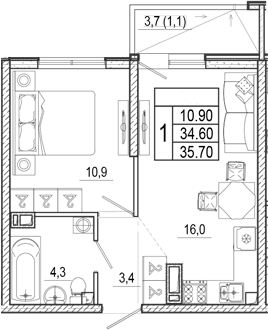 2-комн., 34.6 м², 7/17 этаж, ЖК «Лестория»