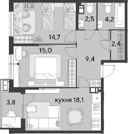 3-комн., 66.3 м², 9/9 этаж, ЖК «Парк Победы»