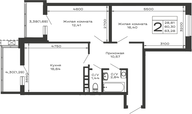 2-комн., 60.3 м², 9/16 этаж, ЖК «Долина»