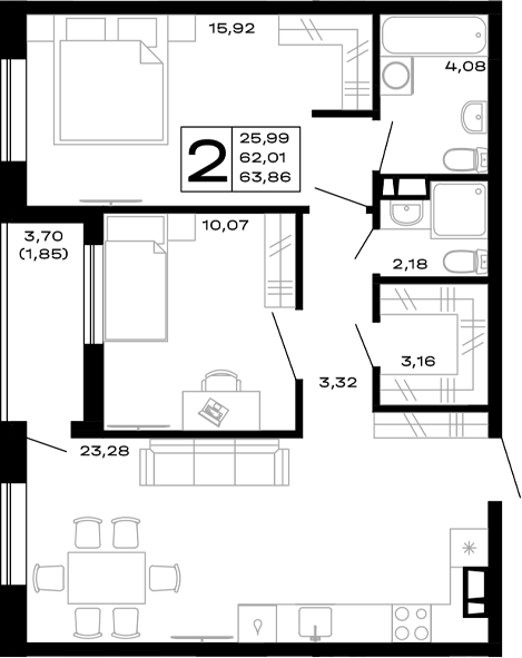 Продается 2-комн. квартира, 62.01 м²