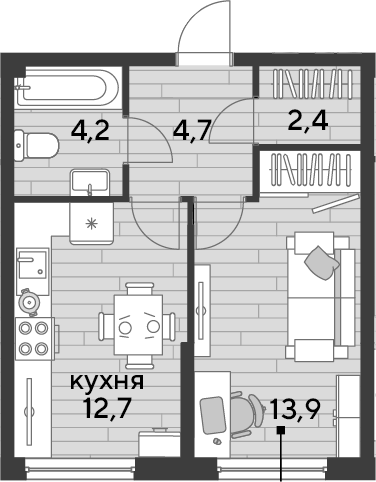 1-комн., 37.9 м², 2/19 этаж, ЖК «DОГМА ПАРК»