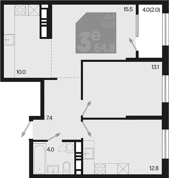 3-комн., 62.8 м², 18/18 этаж, ЖК «Первое место»