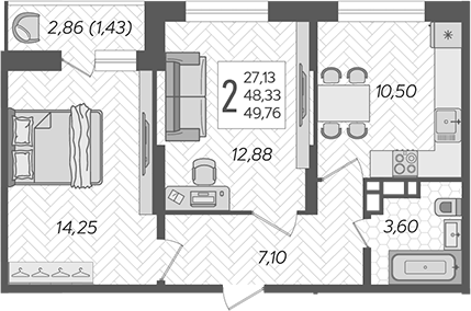 2-комн., 48.33 м², 15/16 этаж, ЖК «Смородина»