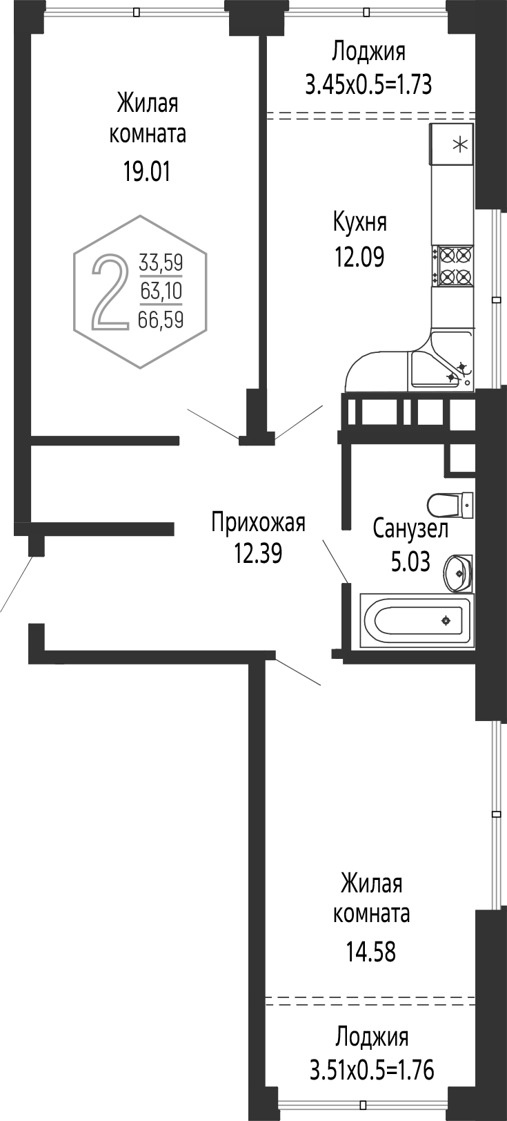 2-комн., 63.1 м², 19/24 этаж, ЖК «Гарантия PRIME»