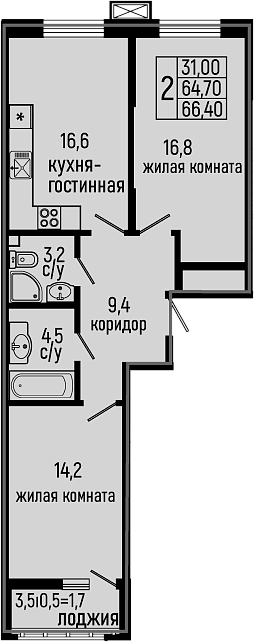 2-комн., 64.7 м², 2/11 этаж, ЖК «Звезды»