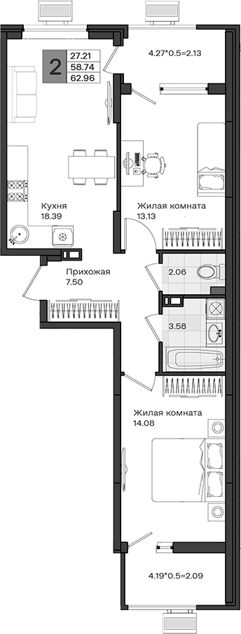 2-комн., 58.74 м², 8/8 этаж, ЖК «МОНО квартал»
