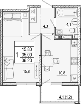1-комн., 35 м², 13/17 этаж, ЖК «Лестория»