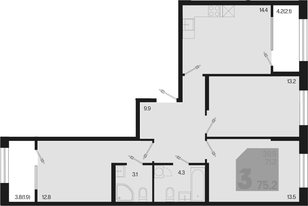 3-комн., 71.2 м², 2/9 этаж, ЖК «Первое место»
