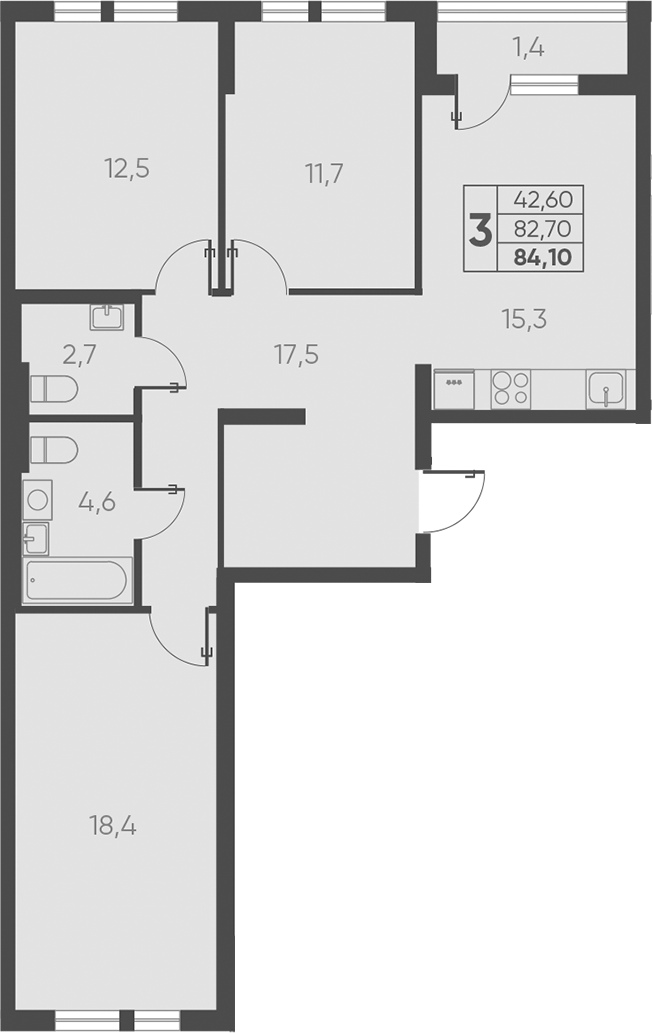 3-комн., 82.7 м², 10/15 этаж, ЖК «Барса»