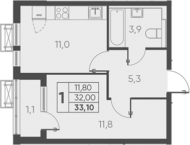 1-комн., 33.1 м², 24/24 этаж, ЖК «Барса»