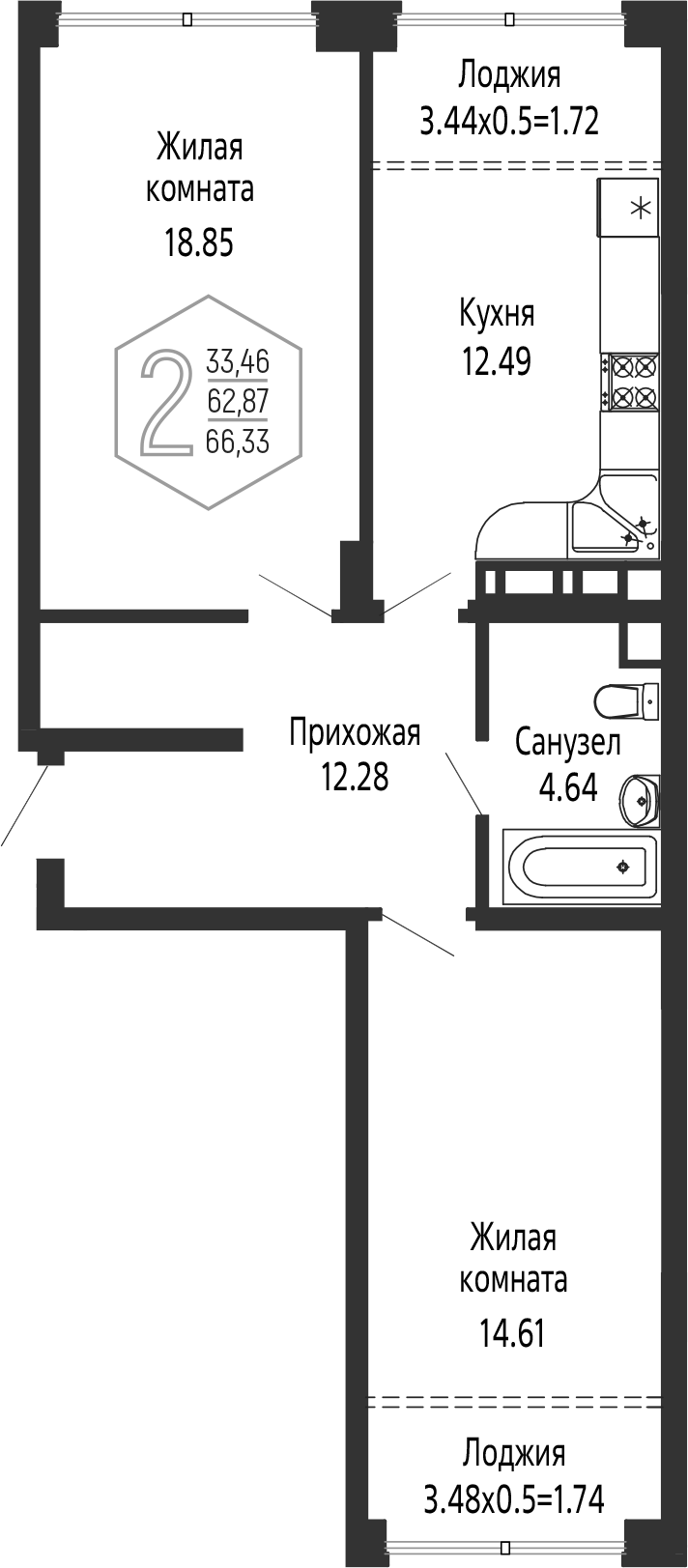 2-комн., 62.87 м², 4/24 этаж, ЖК «Гарантия PRIME»