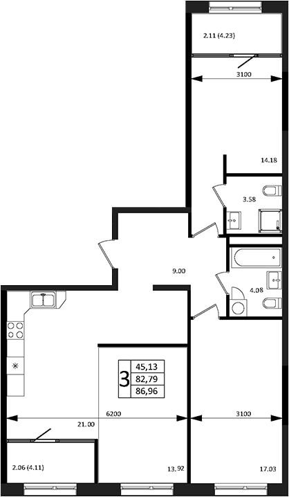 3-комн., 86.95 м², 2/12 этаж, ЖК «Патрики»