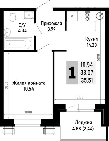 1-комн., 33.07 м², 4/4 этаж, ЖК «Усадьба Гостагаевская»