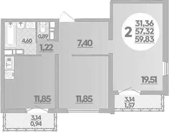 2-комн., 57.32 м², 12/16 этаж, ЖК «Город у моря»