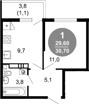 1-комн., 29.6 м², 13/17 этаж, ЖК «Лестория»