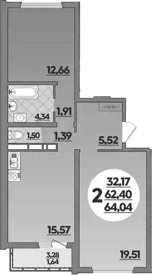 2-комн., 62.4 м², 6/9 этаж, ЖК «Предгорье Лаго-Наки»
