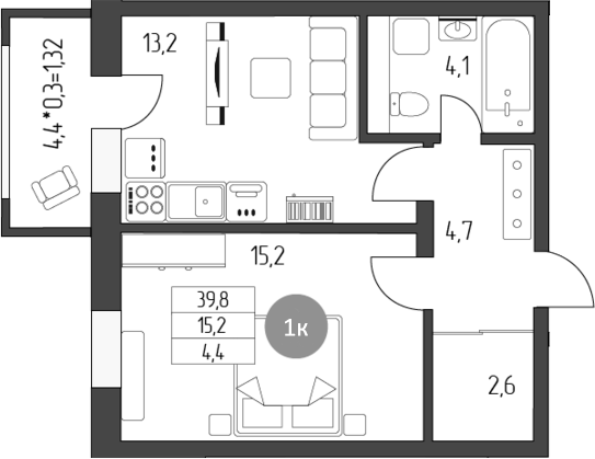 1-комн., 39.8 м², 1/5 этаж, ЖК «Лермонтов»