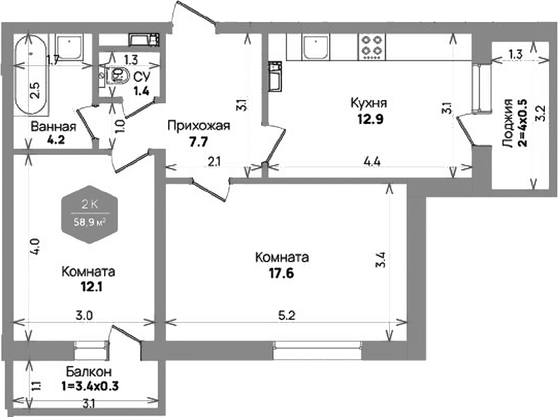 2-комн., 55.9 м², 11/21 этаж, ЖК «Бауинвест»