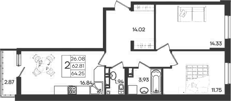 2-комн., 62.81 м², 4/9 этаж, ЖК «Дом 101»