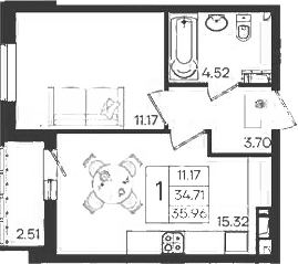 1-комн., 34.71 м², 11/18 этаж, ЖК «Дом 101»