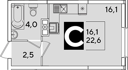 Студия, 22.6 м², 6/16 этаж, ЖК «Самолет»