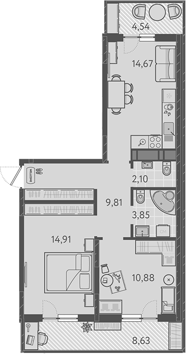 2-комн., 56.22 м², 9/9 этаж, ЖК «Теплые края»