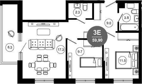 3-комн., 53.6 м², 3/10 этаж, ЖК «Гостиничный комплекс GREENMONT»
