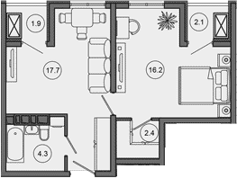 2-комн., 40.6 м², 3/10 этаж, ЖК «Гостиничный комплекс GREENMONT»