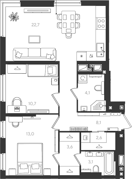 2-комн., 67.9 м², 11/18 этаж, ЖК «Самолет»