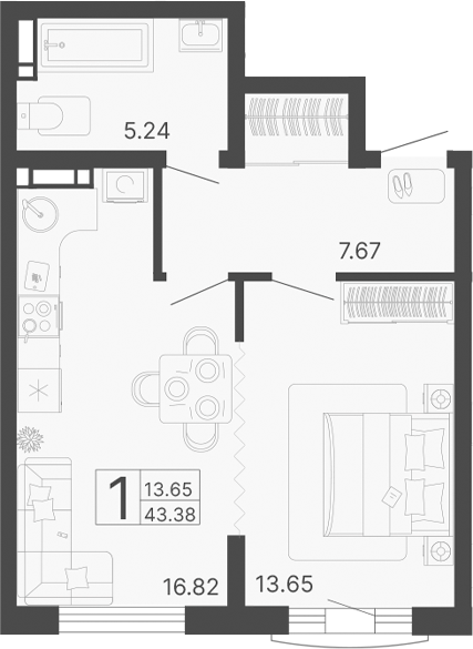 1-комн., 43.38 м², 14/20 этаж, ЖК «Светский лес»