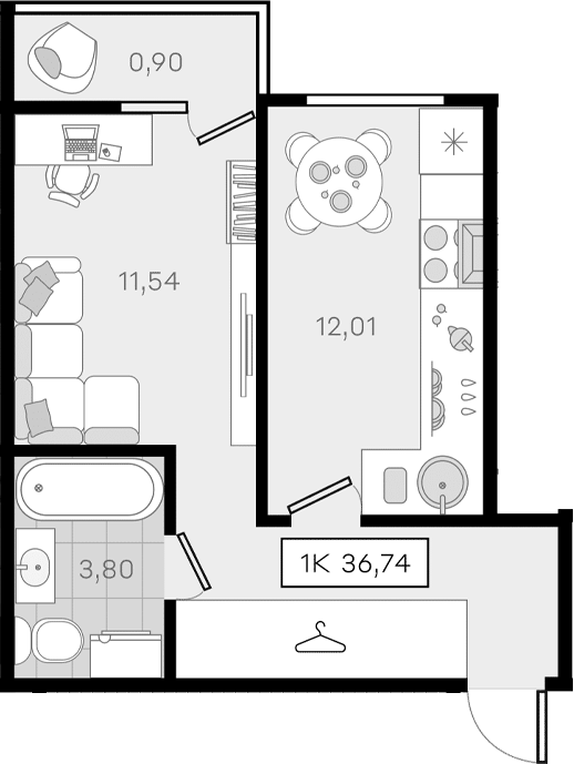 1-комн., 35.84 м², 2/8 этаж, ЖК «История 3»