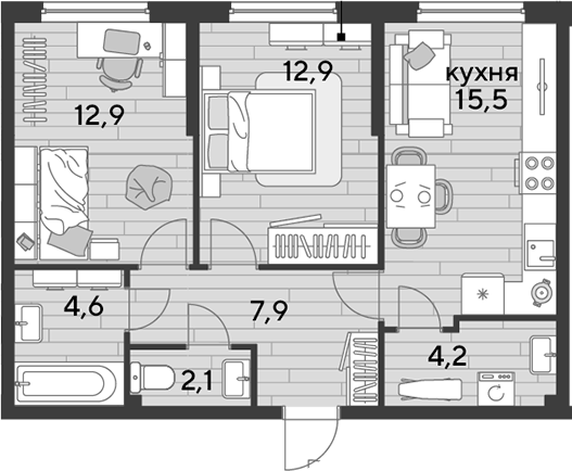 2-комн., 60.1 м², 2/16 этаж, ЖК «DОГМА ПАРК»