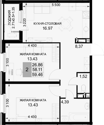 2-комн., 58.11 м², 14/18 этаж, ЖК «Фонтаны»