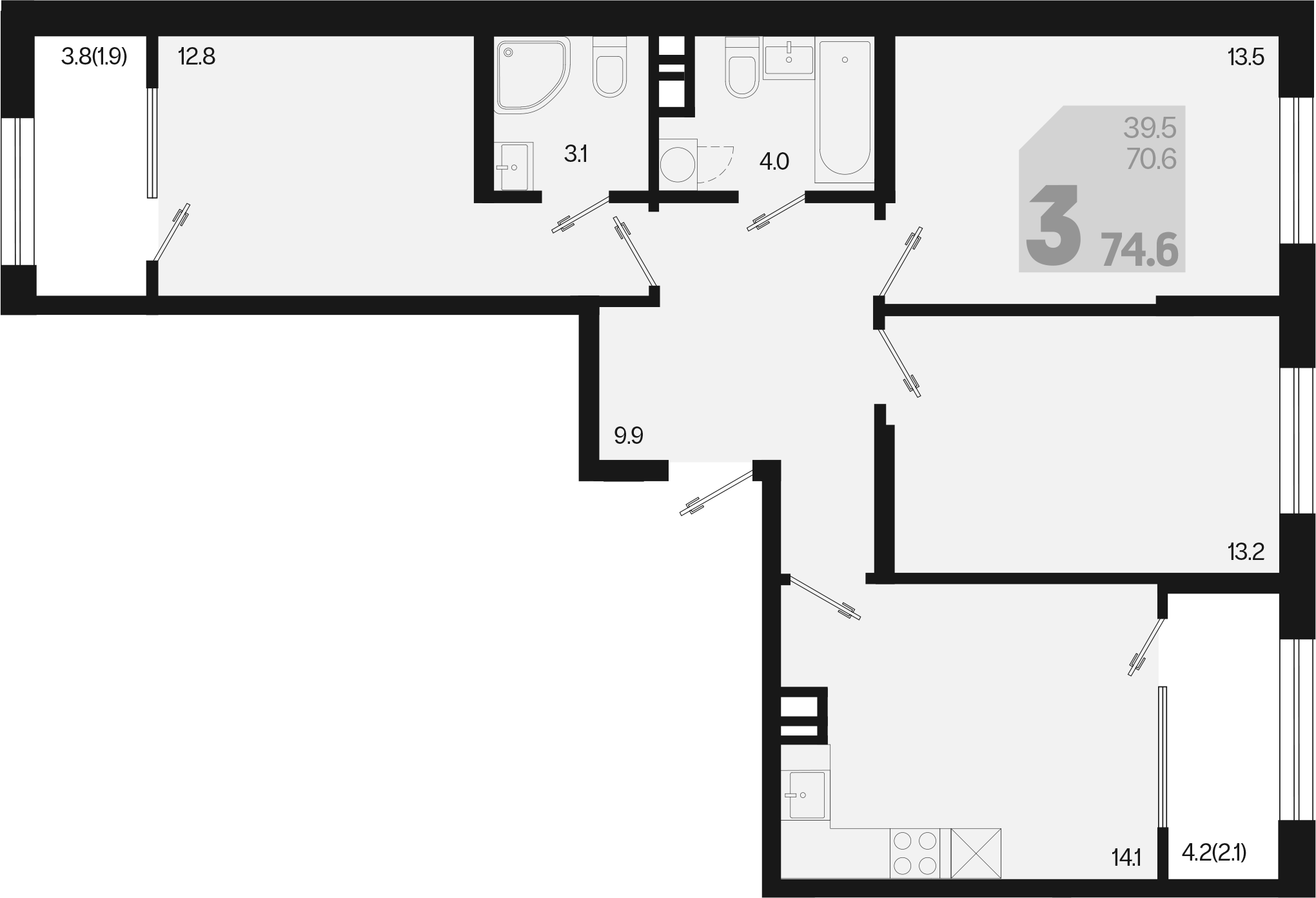3-комн., 70.6 м², 4/9 этаж, ЖК «Первое место»