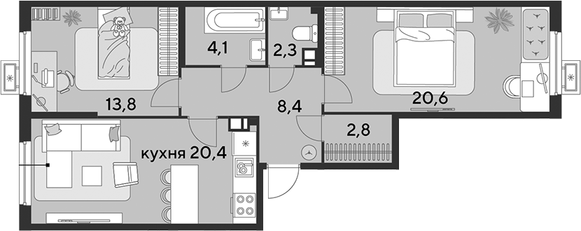 3-комн., 72.4 м², 9/18 этаж, ЖК «Парк Победы»