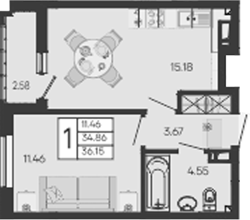1-комн., 34.86 м², 8/9 этаж, ЖК «Дом 101»