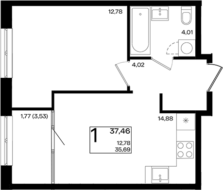 2-комн., 35.69 м², 13/18 этаж, ЖК «Патрики»